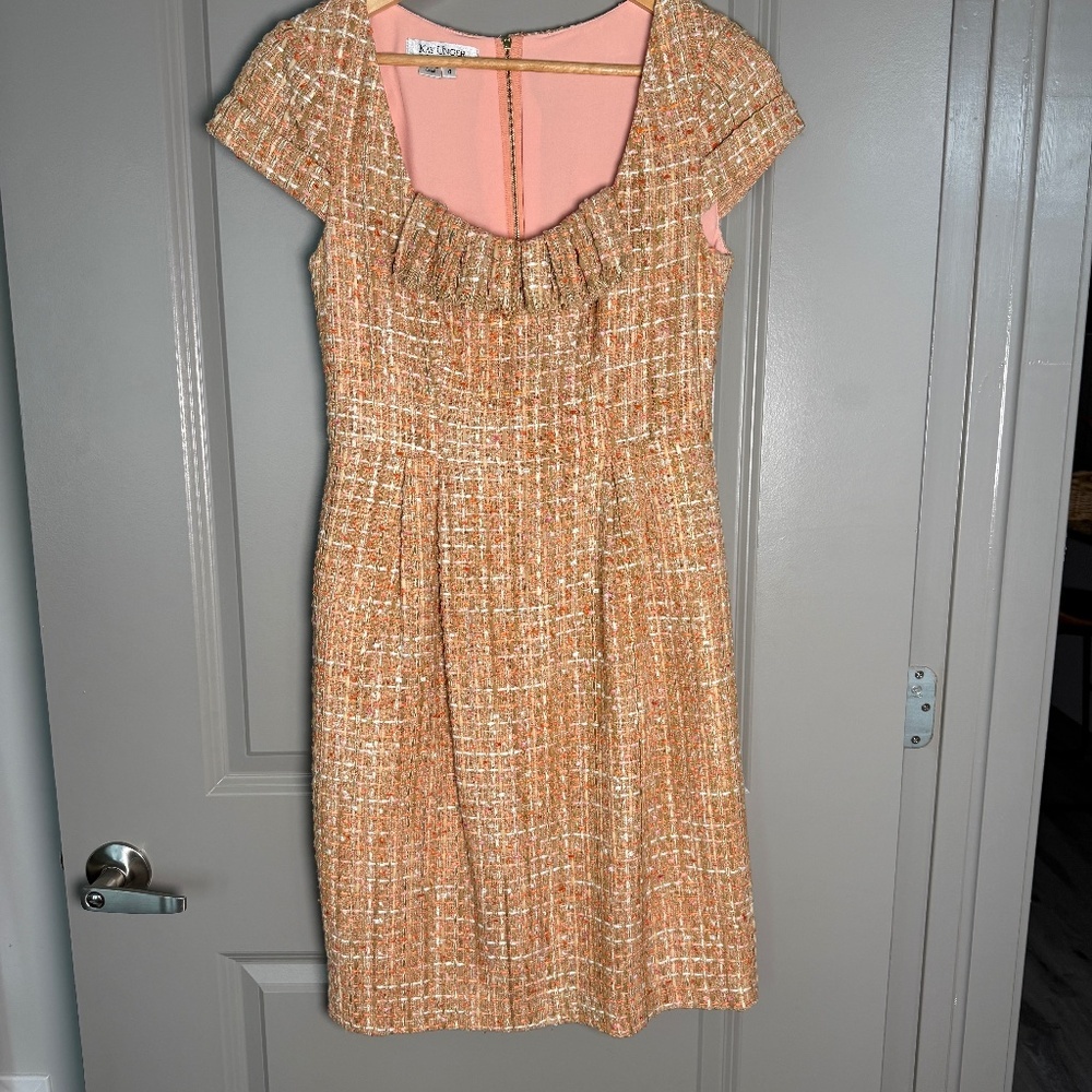 Kay Unger New York 4 Peach Gold Tweed Boucle Dress Cap Sleeve Fringe Neck Pocket